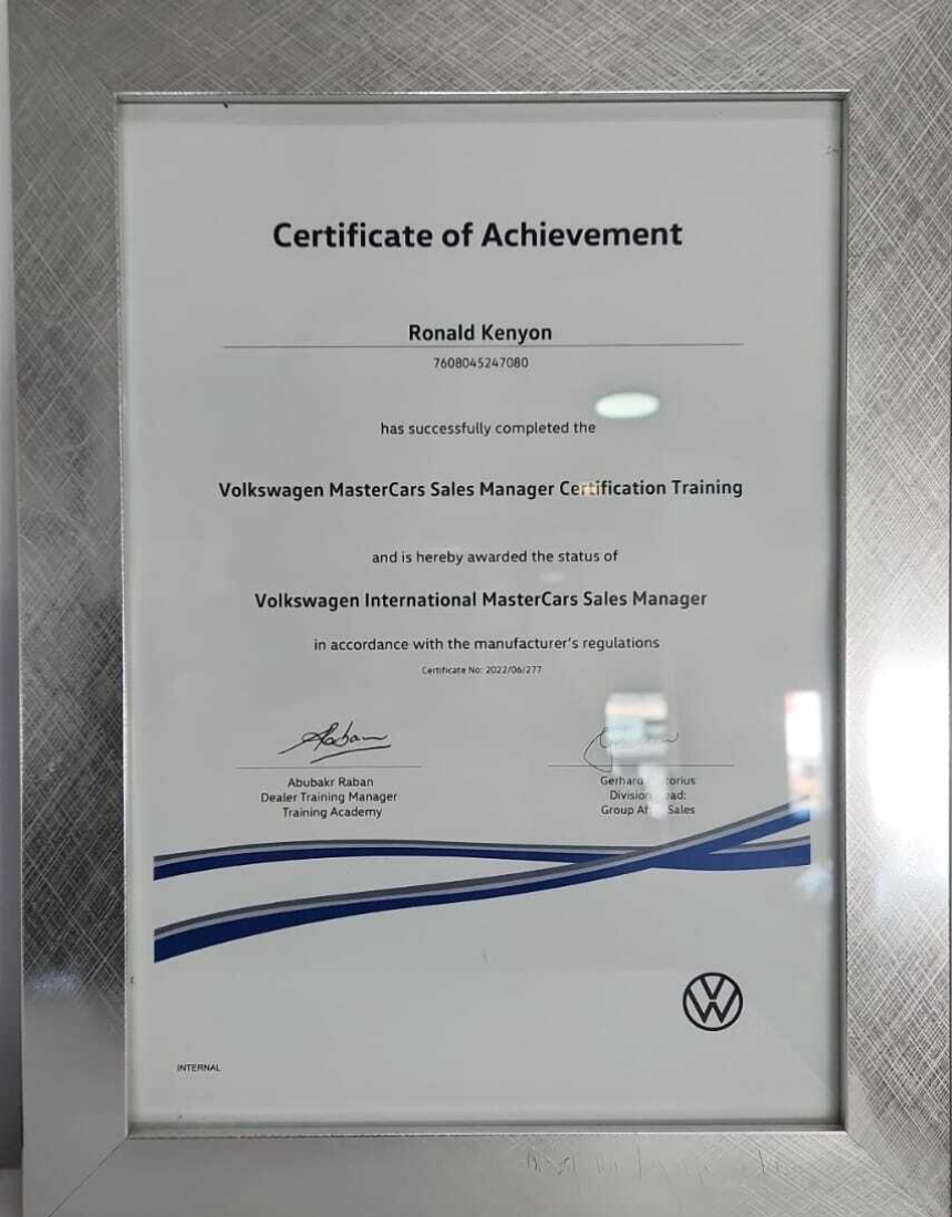 Ron Kenyon Certification of Volkswagen MasterCars Sales Manager Training
